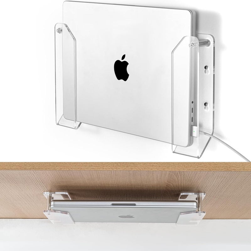 Haohaio Laptop Wall Mount Holder, Space-Saving Under Desk Laptop Mount with Cable Slots, Supports 1.26" Thick Devices, Compatible with iPad/MacBooks/Surface (Clear) - Image 1